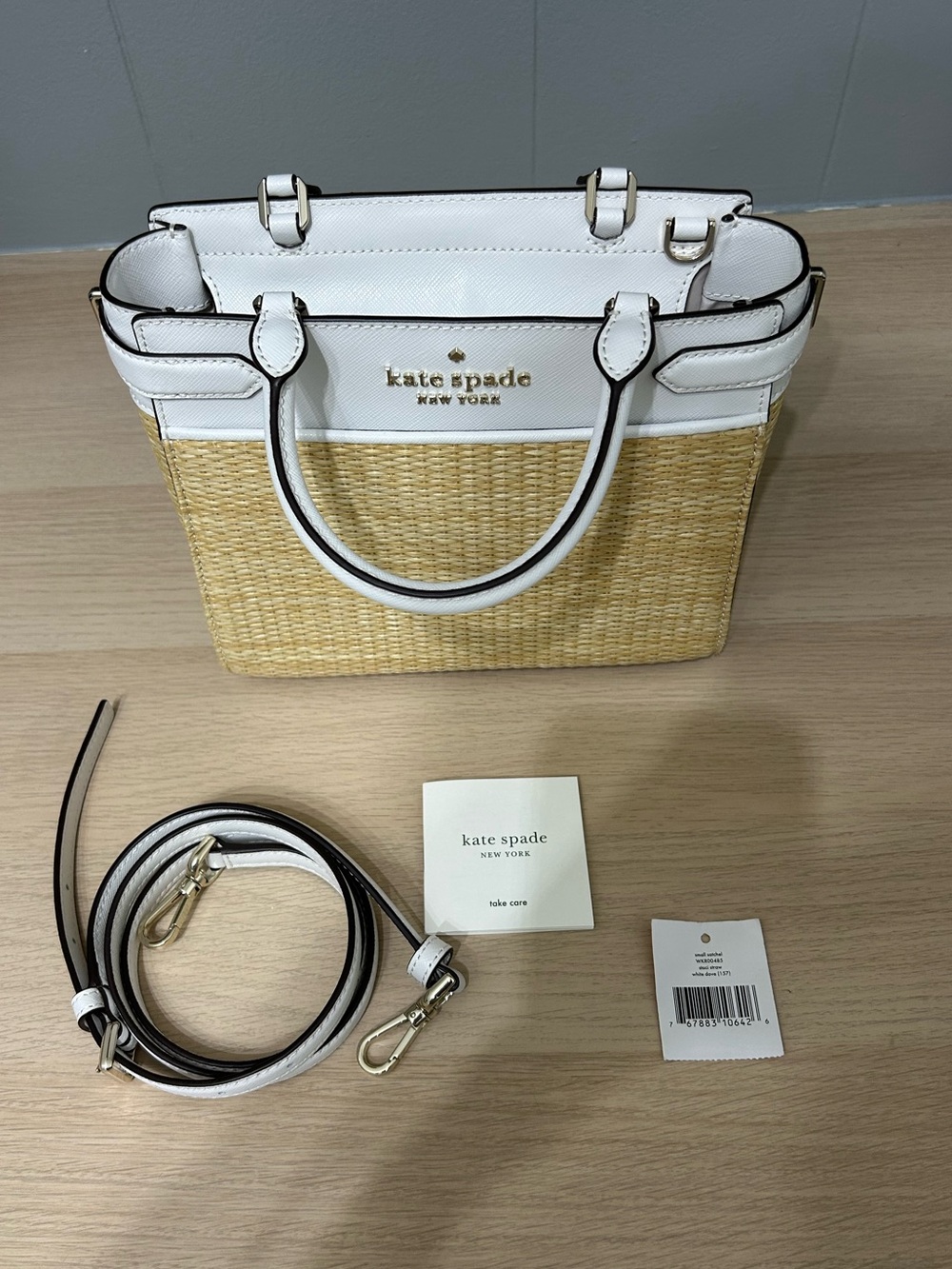NWOT - Kate Spade Staci Small White Dove and Natural Straw Raffia Satchel